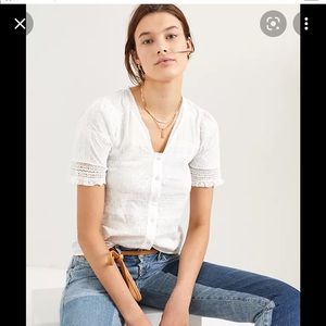 Lace trimmed short sleeve button down